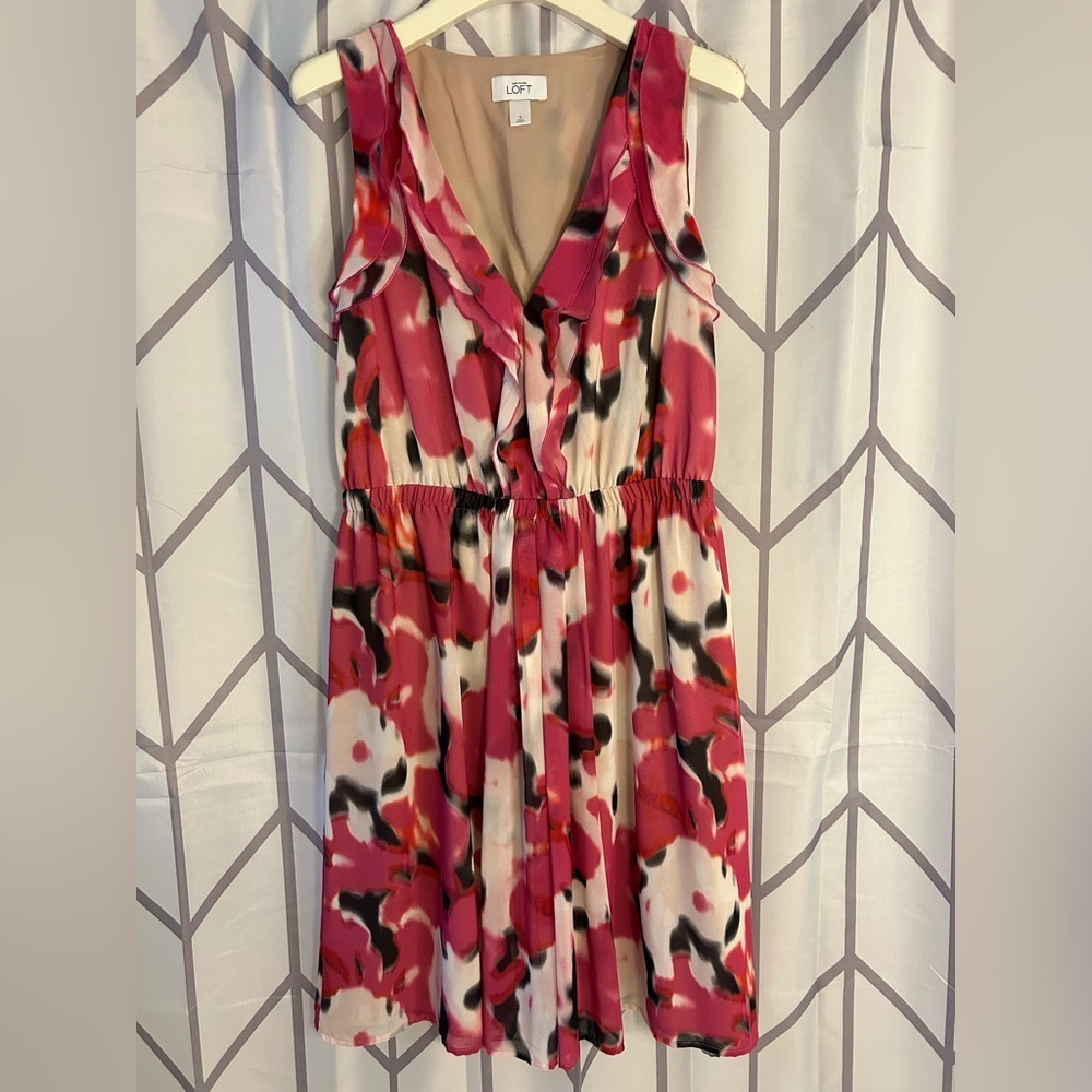 LOFT Vibrant Pink and Black Flowy Short Dress